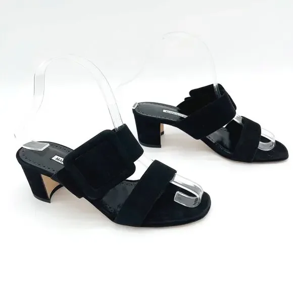 Manolo Blahnik Titubanew Black Suede Open Toe Buckle Mule Sandals Heels IT 36.5 - Picture 2 of 11